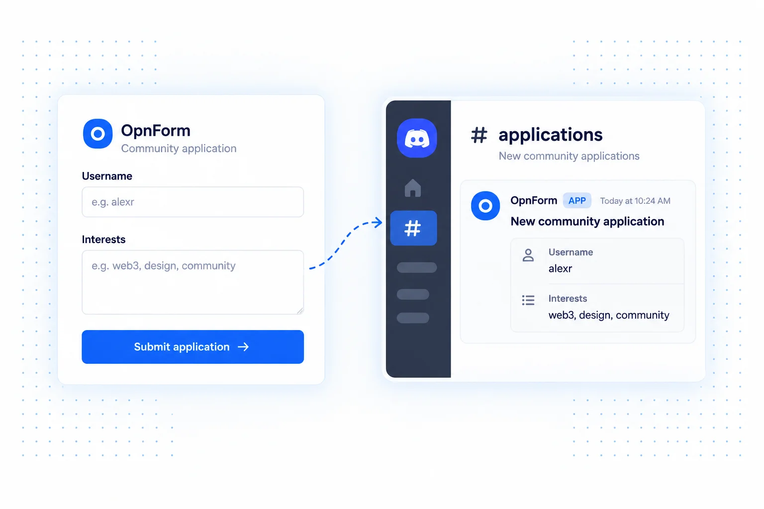 A community application form connected to a notification in a Discord review channel.